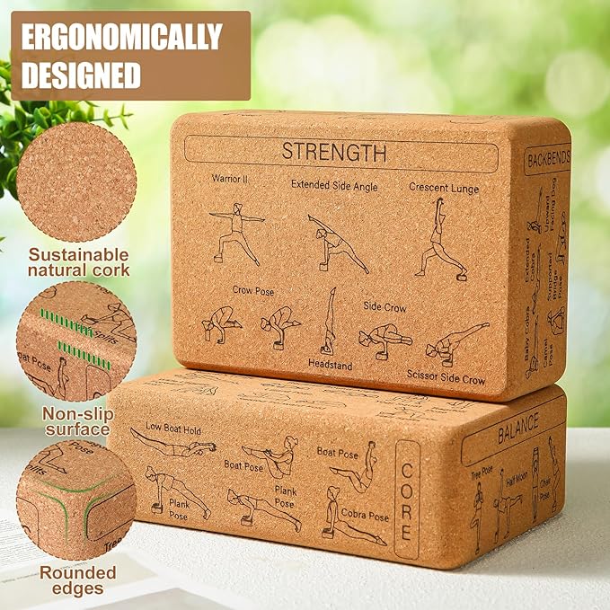 Cork Yoga Blocks 2 Pack Yoga Poses Teaching Cork Blocks, Suitable Poses for Beginners and Experts High Density Block with Non Slip Surface for Better Support, Balance Comfort (Beige)