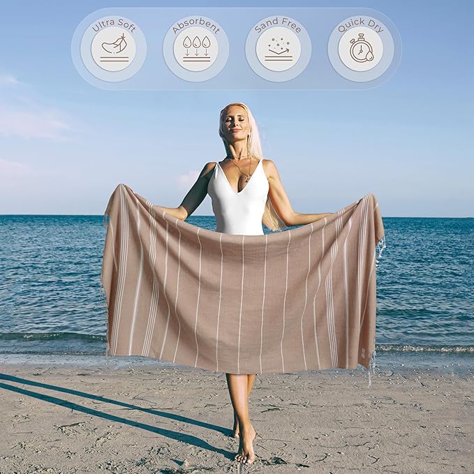 Turkish Beach Towel Absorbent & Quick Dry Oversized (39" x 71") - Decorative, Versatile and Functional as Yoga Mat, Picnic Blanket, Travel Blanket, Bath, Shower, Gym Towel - Beige