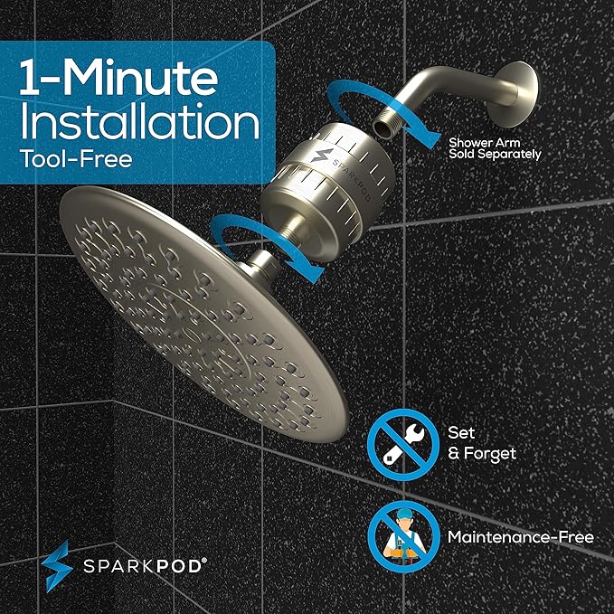 SparkPod Luxury Filtered Shower Head Set 23 Stage Shower Filter - Reduces Chlorine and Heavy Metals - High Pressure Showerhead Filter (9.5" Round, Elegant Brushed Nickel)