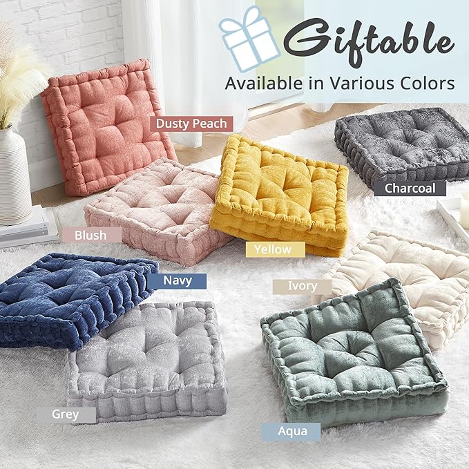 Intelligent Design Azza Floor Pillow, Large Cushions Sitting for Adults, Floor Pillow for Meditation or Yoga, Lustrous Chenille Tufted with Scalloped Edges for Bench/Chair Cushion, 20"x20"x5" Navy