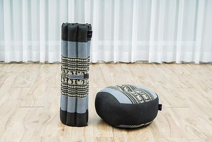 Leewadee Meditation Cushion Set – 1 Small Zafu Yoga Pillow and 1 Small Roll-Up Zabuton Mat Filled with Kapok