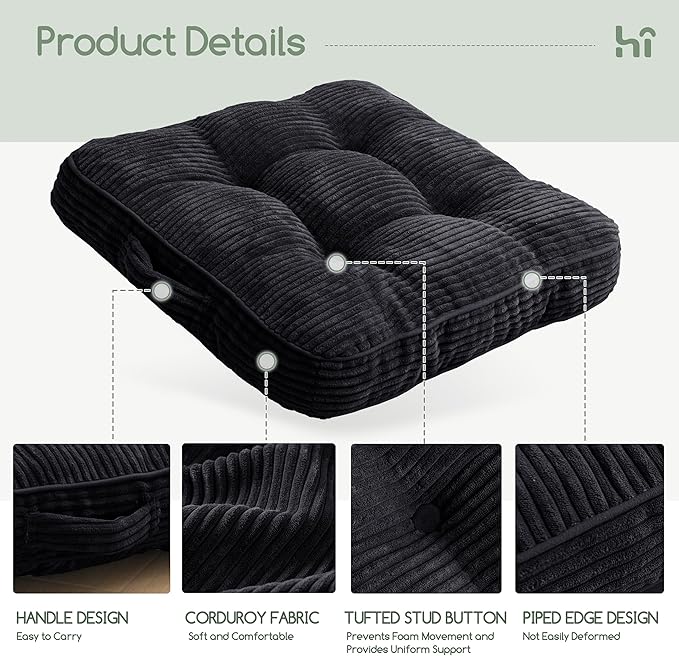 Washable Floor Pillow Cushion for Adults, Meditation Cushion Pillow, Large Square Floor Sitting, Removable Tufted Corduroy Cover, for Tatami Living Room or Yoga, 22x22 Inch, 2Pack, Machine Washable