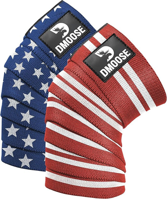 DMoose Fitness Knee Wraps for Weightlifting (Pair) – 78” Gym Brace Straps for Joint Stability & Pain Relief - Perfect for Squats & Working Out - USPA Approved Knee Wrap Supports for Men and Women
