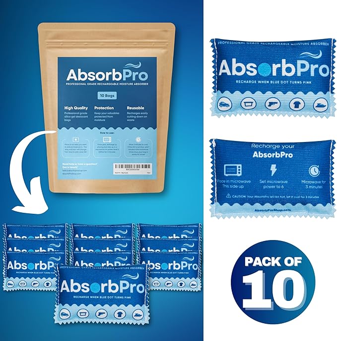 Rechargeable Dehumidifier Bag 10-Pack - 100g Reusable Moisture Absorbers - Silica Gel Packets for Bins, Totes, Gun Safe, Food Storage, Clothes, Cars, and Boats