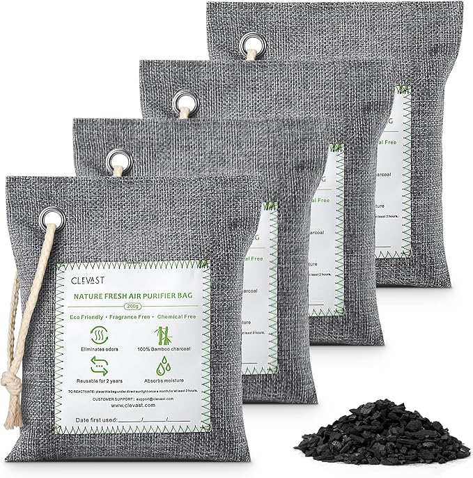 CLEVAST Bamboo Charcoal Air Purifying Bags (Large, 4×200g), Removes Odors and Moisture, Nature Fresh Air Purifier Bags, Odor Eliminator for Home, Car, Pets, Bathroom, Basement