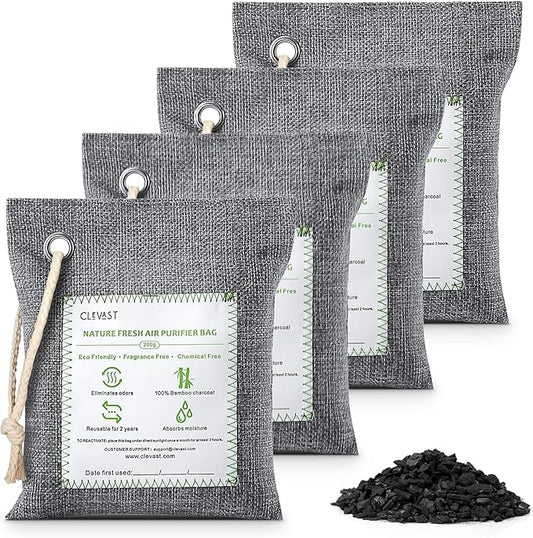 CLEVAST Bamboo Charcoal Air Purifying Bags (Large, 4×200g), Removes Odors and Moisture, Nature Fresh Air Purifier Bags, Odor Eliminator for Home, Car, Pets, Bathroom, Basement