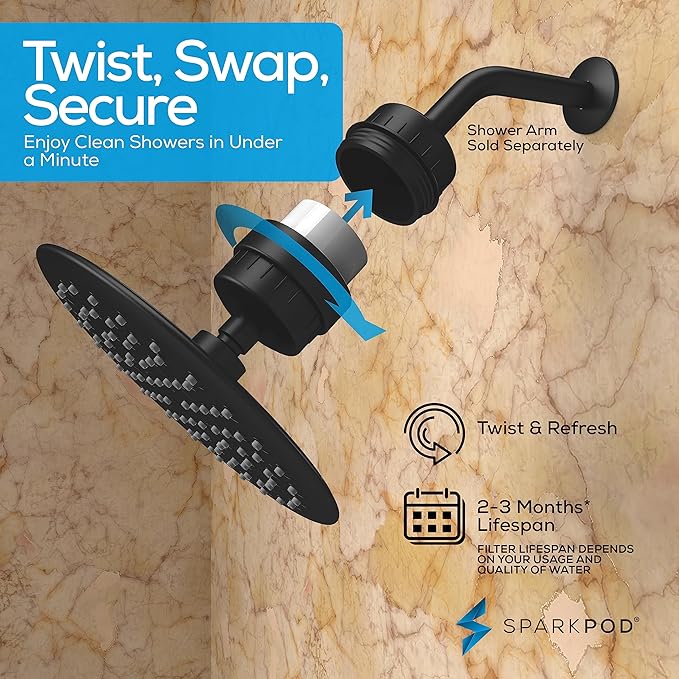 SparkPod Luxury Filtered Shower Head Set 23 Stage Shower Filter - Reduces Chlorine and Heavy Metals - High Pressure Showerhead Filter (9.5" Round, Midnight Black Matte)