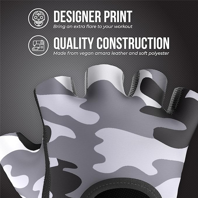 5217 Women's Design Series Camo Print Lifting and Rowing Gloves (Pair) - Lightweight Vegan Medium Padded Microfiber Amara Leather w/Griplock Silicone