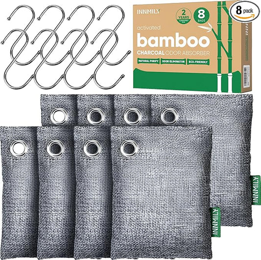 Activated Charcoal Odor Absorber, 8 Pack w Hooks Nature Odor Eliminator for Strong Odor, Bamboo Charcoal Air Purifying Bags, Moisture Absorbers for Fresh Home Car Closet Pet, Smoke Smell Deodorizer