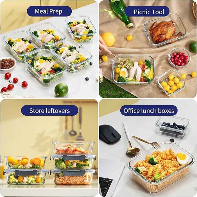 MFY 10-Pack Glass Storage Containers with Lids, Glass Meal Prep Containers Set, Airtight Lunch Containers with Lids, Microwave, Oven, Freezer and Dishwasher Safe, Gray