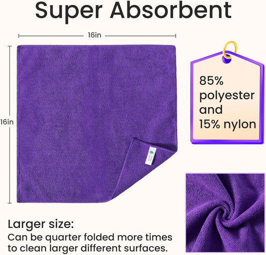 Microfiber Cleaning Cloths-12 Pack,Microfiber Towels for Cars & Kitchen,Highly Absorbent Cleaning Towel,Lint Free Streak Free Rags for House,Window,Purple,Green,Blue(16"x16")