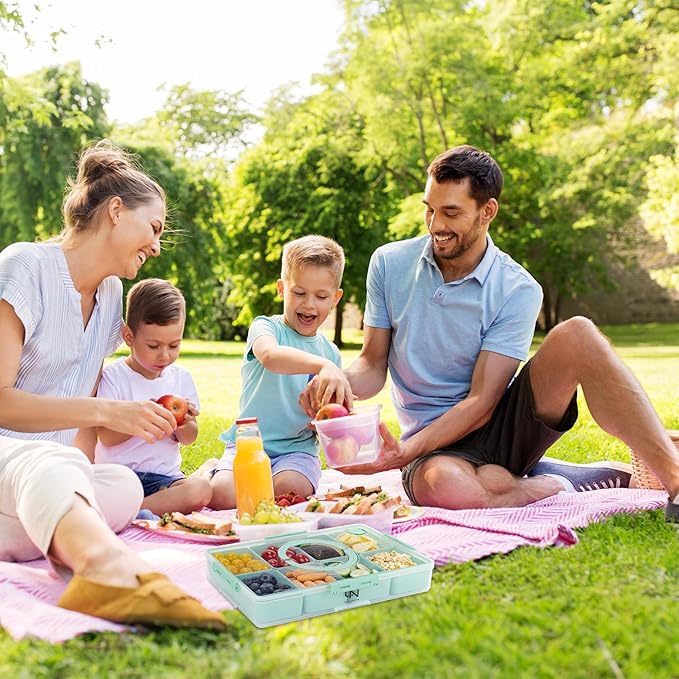 Snackle Box Container - 10 Compartments Including 2 XL, Dishwasher & Microwave Safe, Divided Serving Tray with Lid and Handle, BPA-Free, snack box (1 PCS, Green, 1 Box with 2 XL Compartments)