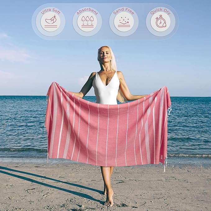 Cute Beach Towel - Quick Dry & Sand Free, Oversized (39" x 71"), Versatile, Perfect as Yoga Mat, Pool Towel, Turkish Towel, or Picnic Blanket - Coral