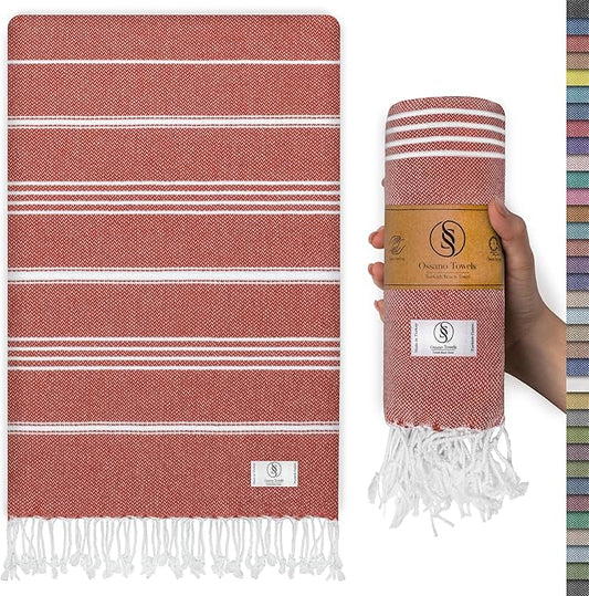Turkish Beach Towel Striped & Soft Extra Large (39" x 71") - Quick Dry, Versatile and Functional as Yoga Mat, Gym, Outdoor and Shower Towel, Travel and Picnic Blanket - Red