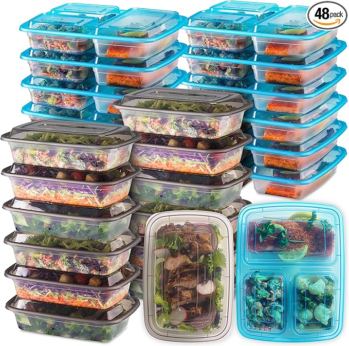 Food Storage Containers With Lids - (24 Pack-32 Oz) 12- 3 Compartment Meal Prep Containers Reusable Or Disposable & 12- Single Food Storage Bento Boxes, Bpa Free, Microwave, Freezer, Dishwasher Safe