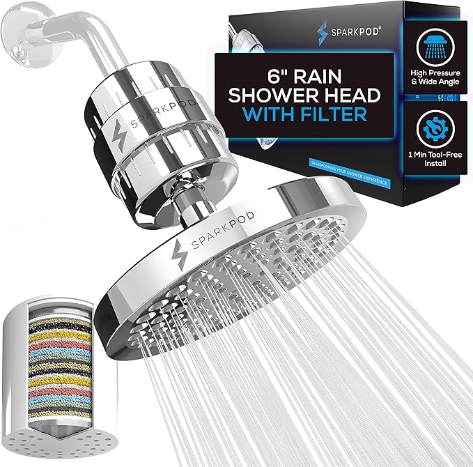 SparkPod Luxury Filtered Shower Head Set 23 Stage Shower Filter - Reduces Chlorine and Heavy Metals - High Pressure Showerhead Filter (6" Round, Luxury Polished Chrome)