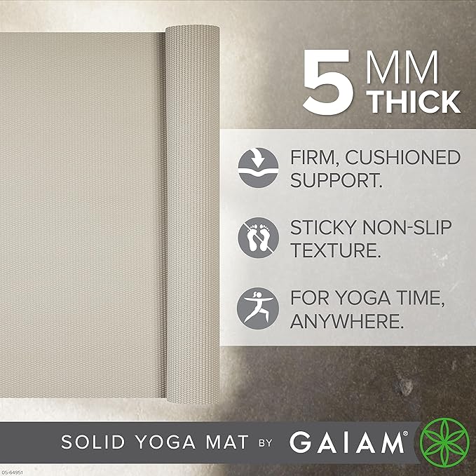 Gaiam Yoga Mat - Premium 5mm Solid Thick Non Slip Exercise & Fitness Mat for All Types of Yoga, Pilates & Floor Workouts (68" x 24" x 5mm)