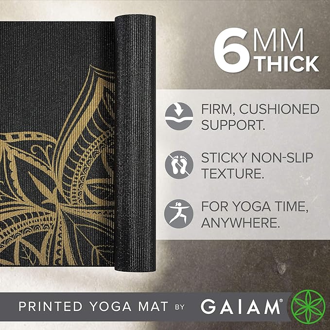 Gaiam Yoga Mat - Premium 6mm Print Extra Thick Non Slip Exercise & Fitness Mat for All Types of Yoga, Pilates & Floor Workouts (68"L x 24"W x 6mm Thick)