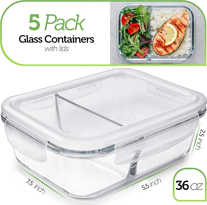 PrepNaturals 5 Pack 36 Oz Glass Meal Prep Containers - Dishwasher Microwave Freezer Oven Safe - Glass Storage Containers with Lids (Multi-Compartment)