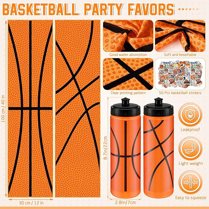 12 Pcs Basketball Water Bottle Basketball Cooling Towel Set with 50 Sticker Sports Party Favors Include 6 Reusable Sports Squeeze Water Bottle 6 Ice Towel Breathable Fast Drying for Team Gifts