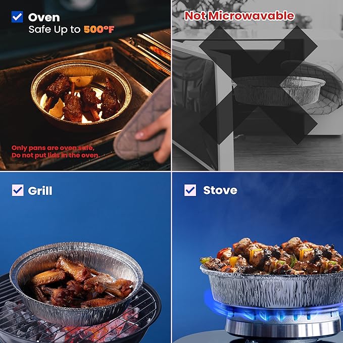 Fit Meal Prep 50 Pack 8” Round Aluminum Foil Pans with Lids, 8 inch Take Out Containers with Cardboard Covers for Freshness, Heavy Duty Disposable Baking Pie Pan for Cooking, Freezer & Oven Safe