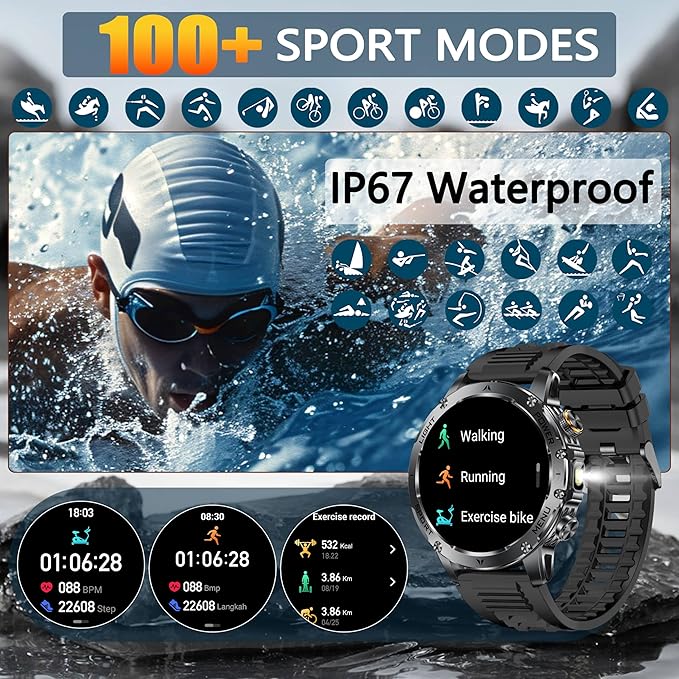 KPEP Military Smart Watches for Men, 1000mAh Battery/LED Flashlight/2 Straps/IP67 Waterproof Smartwatch, Stress/Blood Oxygen/Heart Rate/Sleep Monitor, Reminder, Fitness Tracker for iOS Android, Black