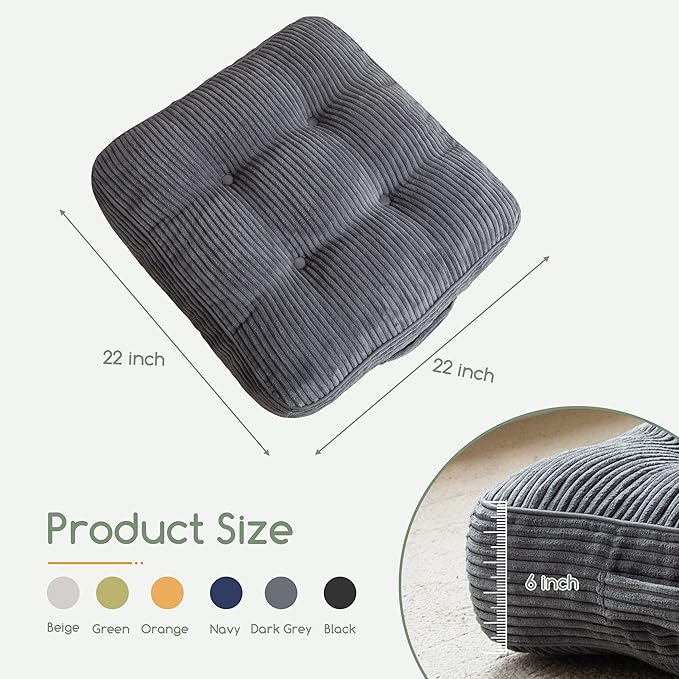 6" Washable Floor Pillow Cushion for Adults, Meditation Cushion Pillow, Large Square Floor Sitting, Removable Tufted Corduroy Cover, for Tatami Living Room or Yoga, 22x22 Inch, Machine Washable