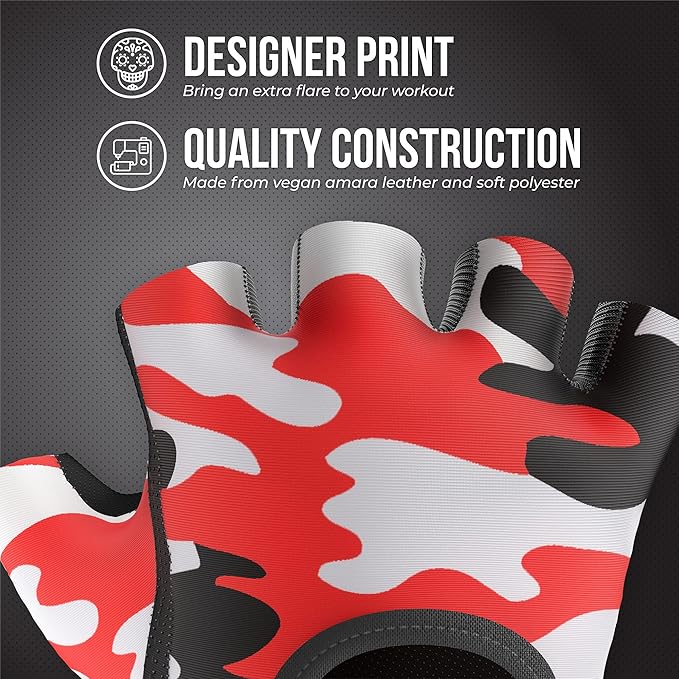 5217 Women's Design Series Camo Print Lifting and Rowing Gloves (Pair) - Lightweight Vegan Medium Padded Microfiber Amara Leather w/Griplock Silicone