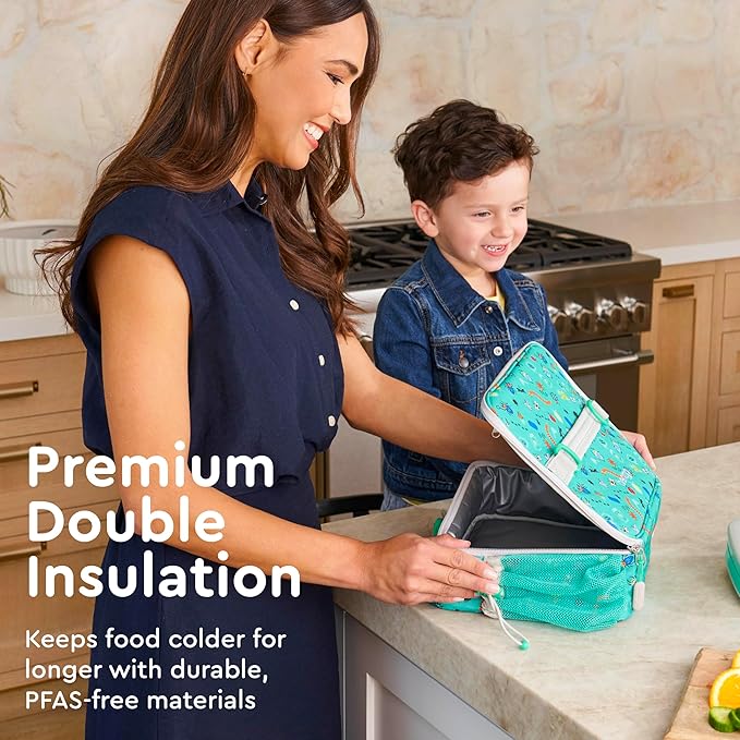 Bentgo Kids Lunch Bag - Durable, Double-Insulated Lunch Bag for Kids 3+; Holds Lunch Box, Water Bottle, & Snacks; Easy-Clean Water-Resistant Fabric & Multiple Zippered Pockets (Bug Buddies)