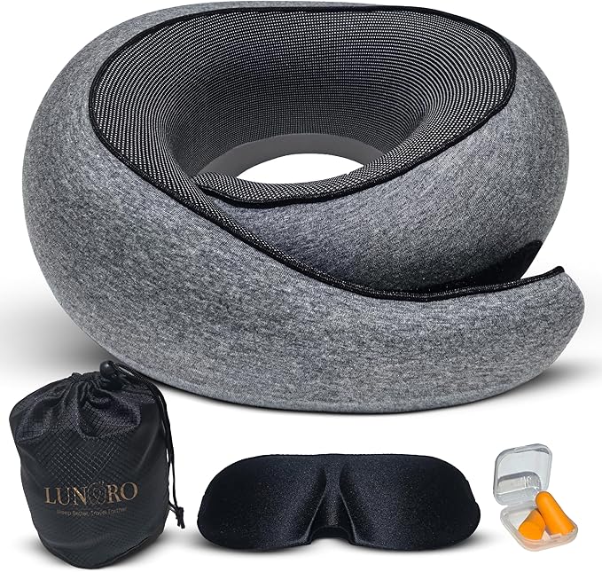 Premium Memory Foam Travel Neck Pillow for Airplane & Car – Updated Ergonomic Wrap-Around Design with Adjustable Strap, Washable Cover, Carry Bag & Sleep Mask– Travel Essentials for Men & Women