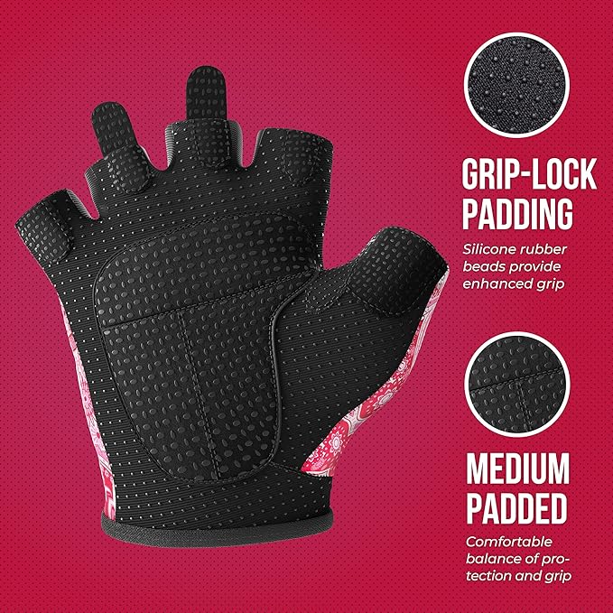 5387 Womens Design Series Paisley Print Lifting & Rowing Gloves (Pair) - Lightweight Vegan Medium Padded Microfiber Amara Leather w/Griplock Silicone