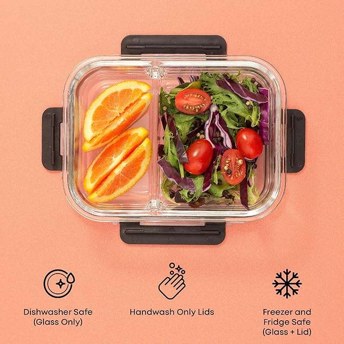 JoyJolt Divided Food Storage Containers with Lids Airtight. 5 Pack Glass Meal Prep Containers 2 Compartment Set Glass Bento Box. Reusable Food Containers, Portion Control Containers for Weight Loss