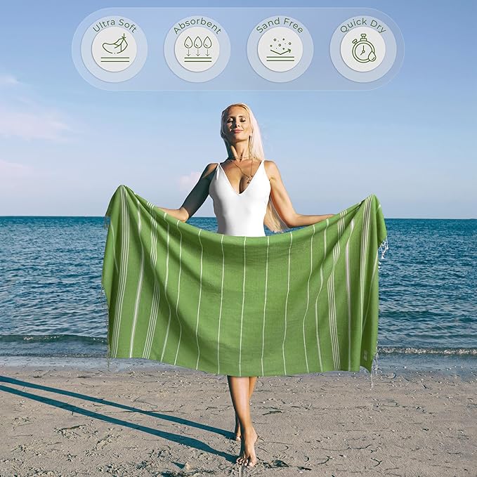 Turkish Beach Towel Absorbent & Lightweight Oversized (39" x 71") - Quick Dry, Versatile and Functional as Yoga Mat, Picnic Blanket, Travel Blanket, Bath, Gym, Camping Towel - Pistachio Green