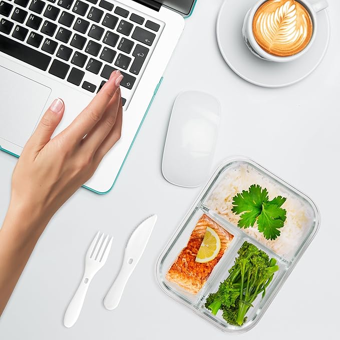 PrepNaturals 3 Pack 34 Oz Glass Meal Prep Containers - Dishwasher Microwave Freezer Oven Safe - Glass Storage Containers with Lids (Multi-Compartment)