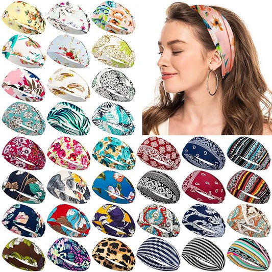 Yunsailing 36 Pcs Boho Headbands for Women - Non Slip Wide Headband for Yoga, Workout, Running - Hair Bands, Sweat Wraps, Accessories for Women & Girls