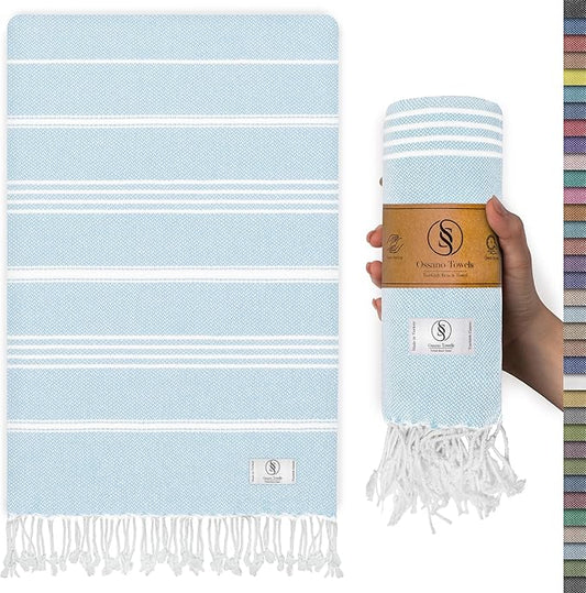 Turkish Beach Towel Absorbent & Lightweight Extra Large (39" x 71") - Quick Dry, Versatile and Functional as - Bath Sheet, Yoga Mat, Pool and Swim Towel, Travel Blanket - Aqua Blue