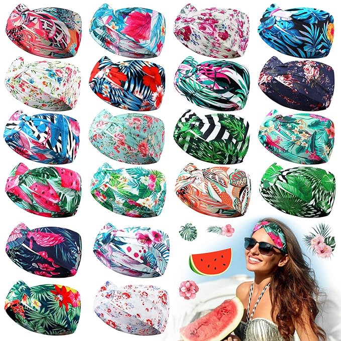 Jutom 20 Pcs Boho Headbands for Women Summer Beach Hawaii Floral Knotted Wide Vintage Headband Elastic Turban Head Wrap Bohemian Twisted Criss Yoga Hair Band Accessories