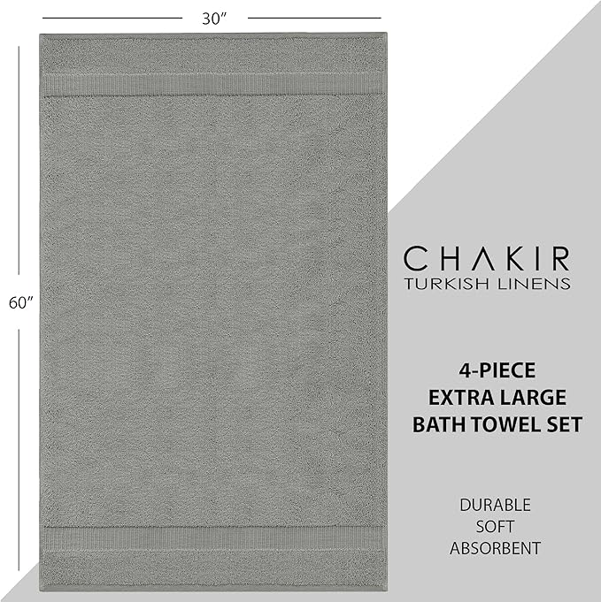 Chakir Turkish Linens | Hotel & Spa Quality 100% Cotton Luxury Turkish Towels | Soft & Absorbent (30x60 Inches Extra Large Bath Towels, Set of 4 - Gray)