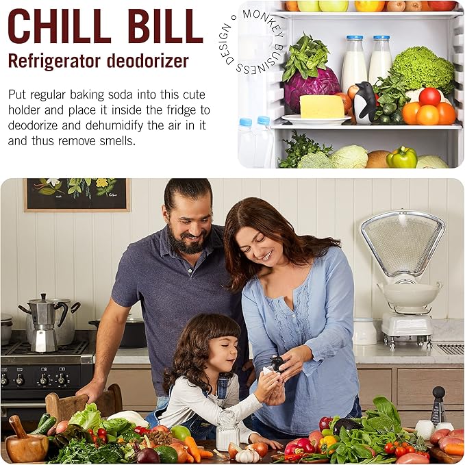 Monkey Business Chill Bill Refrigerator Deodorizer, Pack of 3, Baking Soda Holder for Refrigerator, Cute Fridge Deodorizer, Fun Kitchen Gadgets, Baking-Soda Fridge Smell Remover