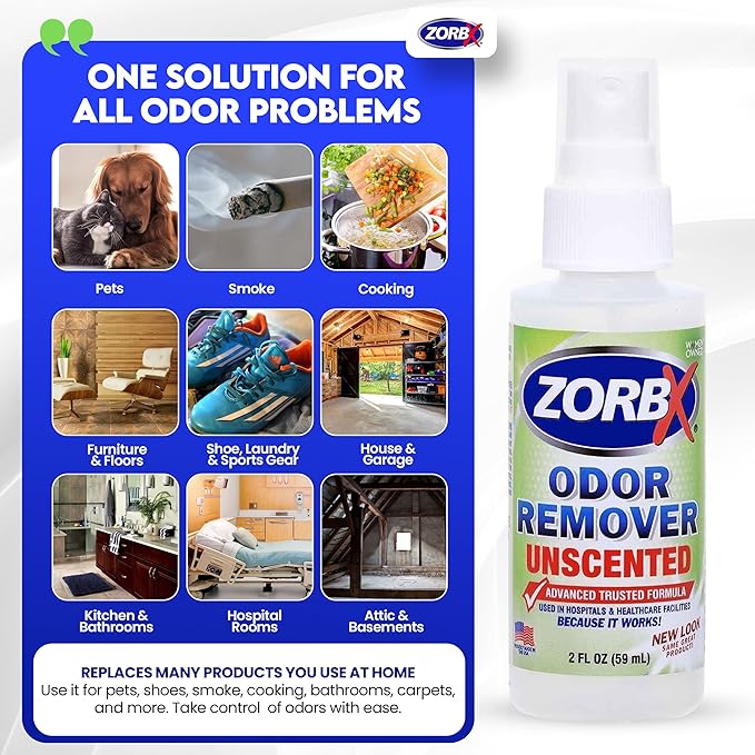 ZORBX Unscented Odor Eliminator for Strong Odor 2 Fl Oz, Pack of 1 - Used in Hospitals & Healthcare Facilities - Advanced Formula, Fast-Acting Odor Remover Spray for Dog, Cat, House & Carpet