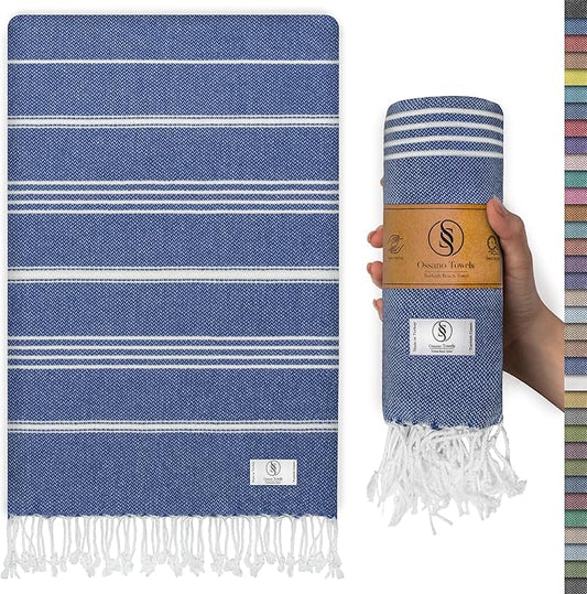 Turkish Beach Towel Compact & Soft Extra Large (39" x 71") - Quick Dry, Versatile and Functional as Yoga Mat, Picnic and Travel Blanket, Bath Towels/Vacation Essential - Indigo Blue