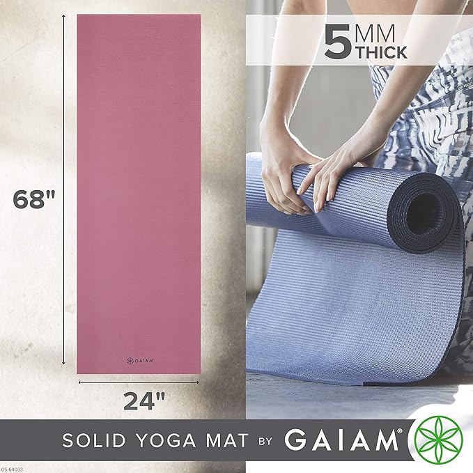 Gaiam Yoga Mat - Premium 5mm Solid Thick Non Slip Exercise & Fitness Mat for All Types of Yoga, Pilates & Floor Workouts (68" x 24" x 5mm)