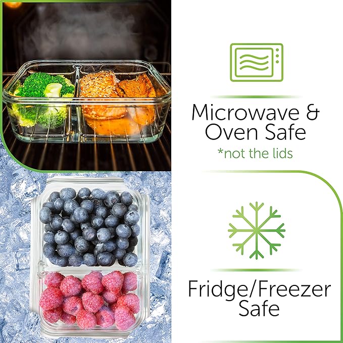 PrepNaturals 5 Pack 36 Oz Glass Meal Prep Containers - Dishwasher Microwave Freezer Oven Safe - Glass Storage Containers with Lids (Multi-Compartment)