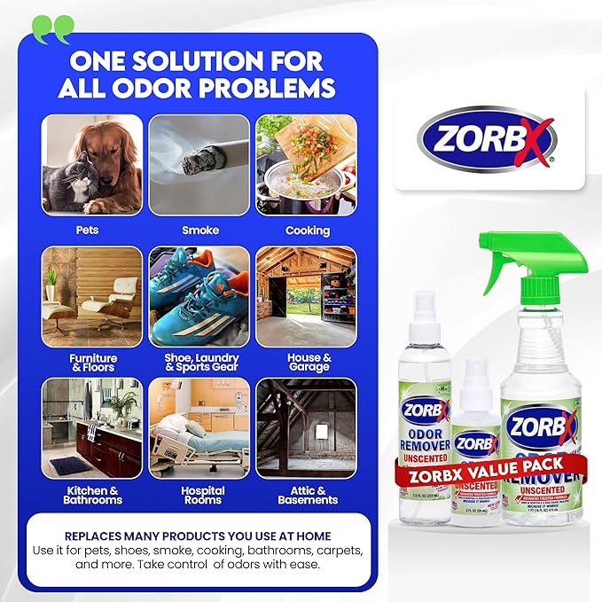 ZORBX Unscented Odor Eliminator for Strong Odor 3 items Bundle: 16 Oz + 7.5 Oz + 2 Oz - Used in Hospitals & Healthcare Facilities - Fast-Acting Odor Remover Spray for Dog, Cat, House & Carpet
