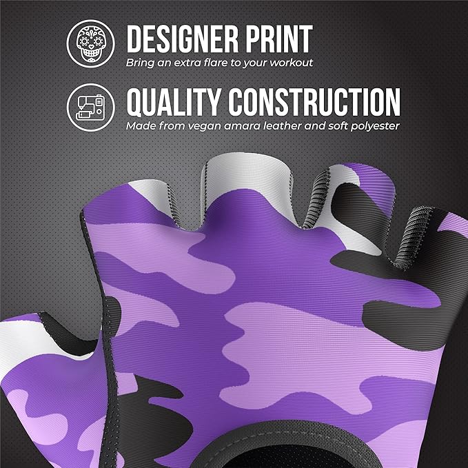 5217 Women's Design Series Camo Print Lifting and Rowing Gloves (Pair) - Lightweight Vegan Medium Padded Microfiber Amara Leather w/Griplock Silicone