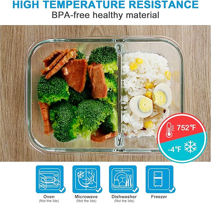 DAS TRUST 3 Pack Glass Food Storage Containers 2 Compartments Glass Meal Prep Containers with Lids Lunch Containers for Adult Food Prep Container with Dividers Reusable Lunch Bento Box