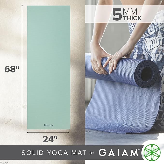 Gaiam Yoga Mat - Premium 5mm Solid Thick Non Slip Exercise & Fitness Mat for All Types of Yoga, Pilates & Floor Workouts (68" x 24" x 5mm)