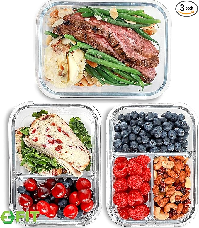 FIT Strong & Healthy Glass Meal Prep Containers with Lids, 1 & 2 & 3 Compartments – Portion Control Containers, Glass Lunch Box, Food Storage, Leak-Proof, Oven & Freezer Safe, 35 oz, Blue, 3 Pack
