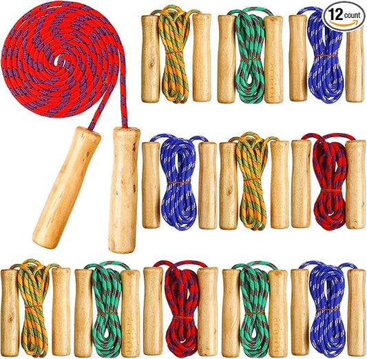 Aoriher 12 Pcs Jump Ropes for Kids Adjustable 7 ft Cotton Skipping Ropes with Wooden Handle for Students Fitness Outdoor Exercise Workout Fun Activity, Random Color