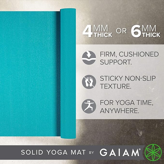 Gaiam Yoga Mat - Premium 5mm Solid Thick Non Slip Exercise & Fitness Mat for All Types of Yoga, Pilates & Floor Workouts (68" x 24" x 5mm)